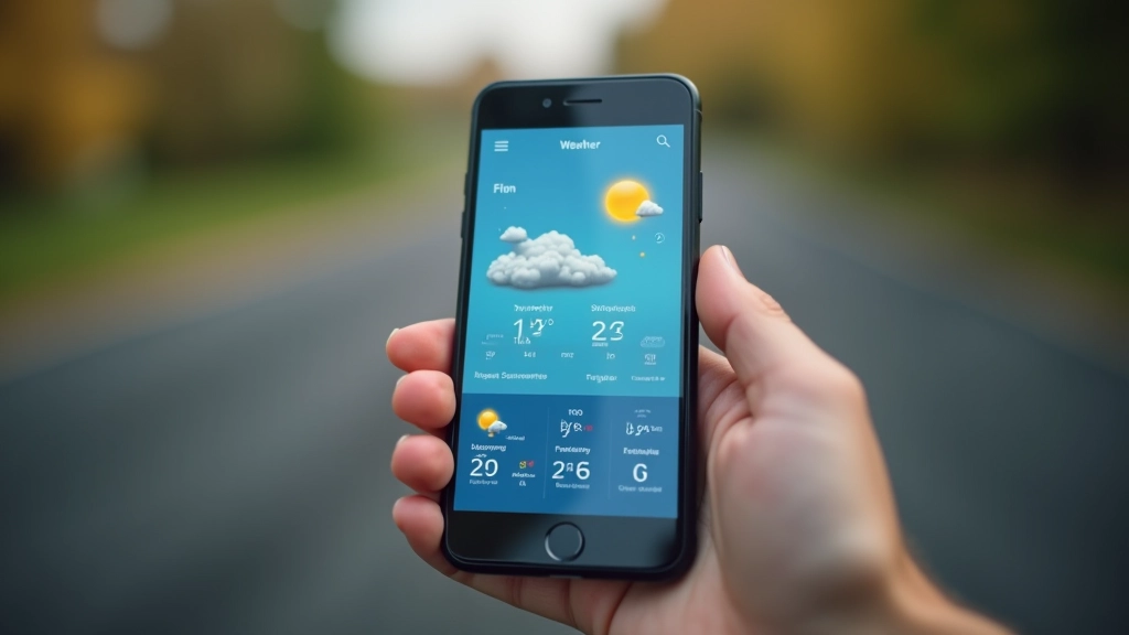 Savaitės orų prognozė ant išmaniojo telefono ekrano šaltame fone